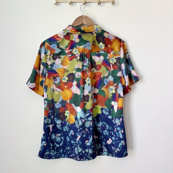 St. John Stretch Silk Blouse 10 Belted Watercolor - Picture 5 of 9